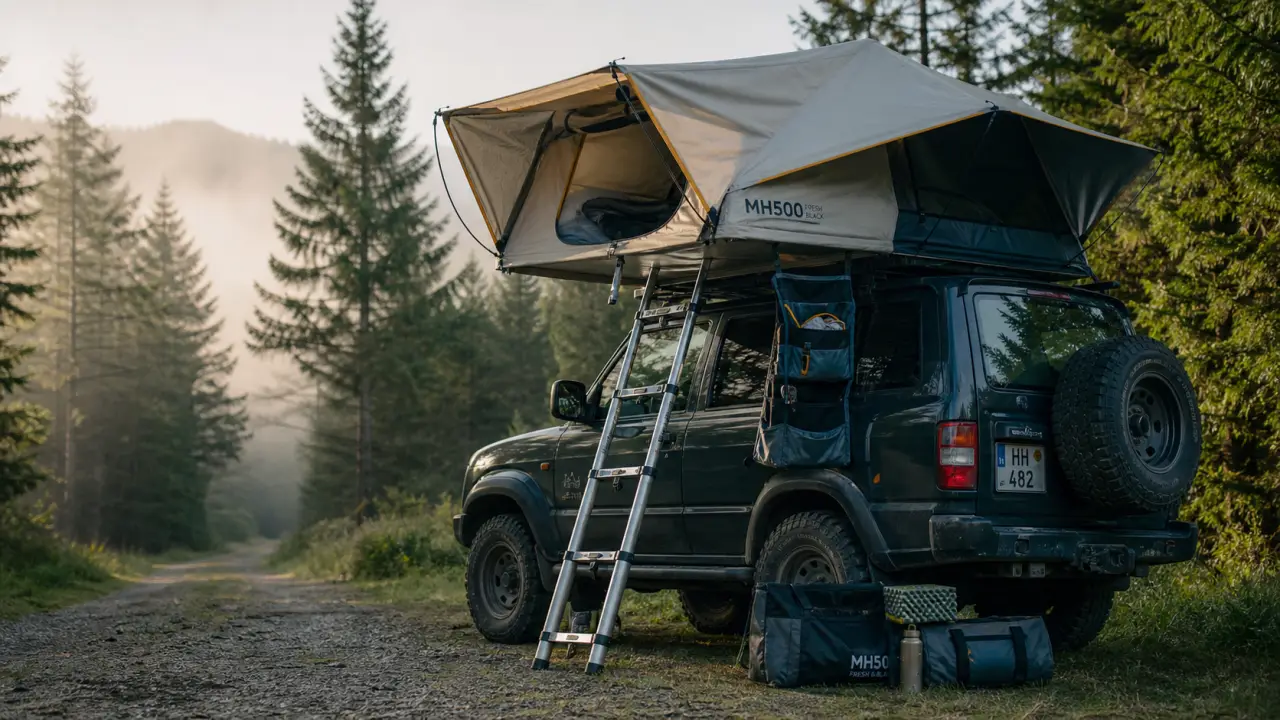 MH500 tente de toit sur 4x4 : vue déploiée et échelle