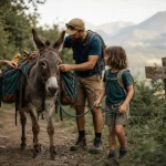 Randonnée en ane auvergne : famille sur sentier avec âne de bât