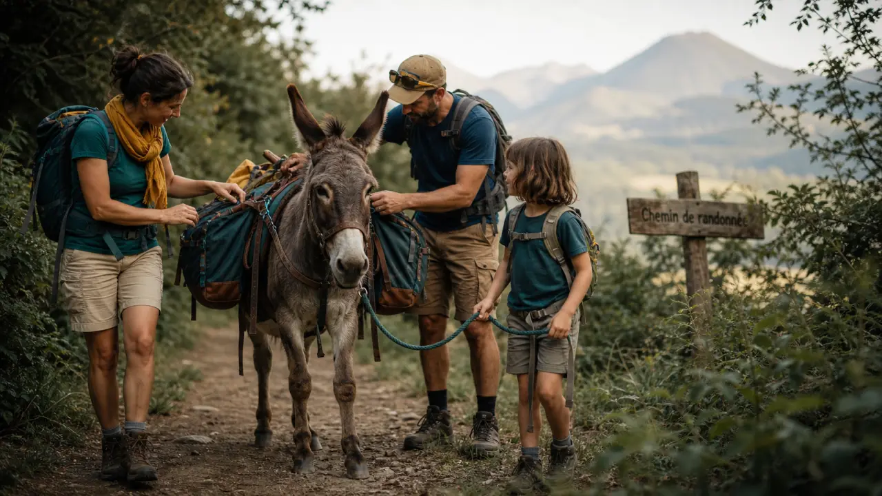Randonnée en ane auvergne : famille sur sentier avec âne de bât
