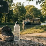Randonnée près de Toulouse au Canal du Midi : chaussures et gourde sur le chemin de halage