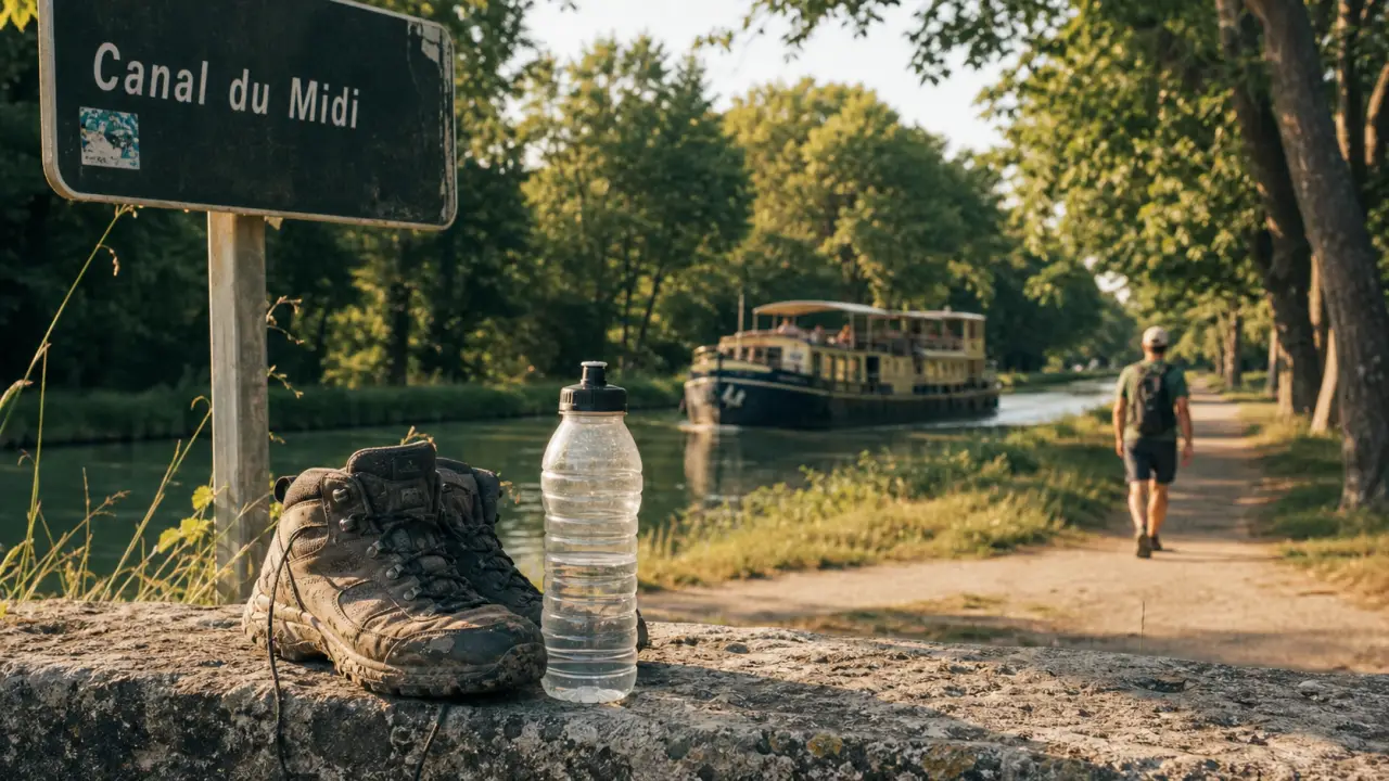 Randonnée près de Toulouse au Canal du Midi : chaussures et gourde sur le chemin de halage