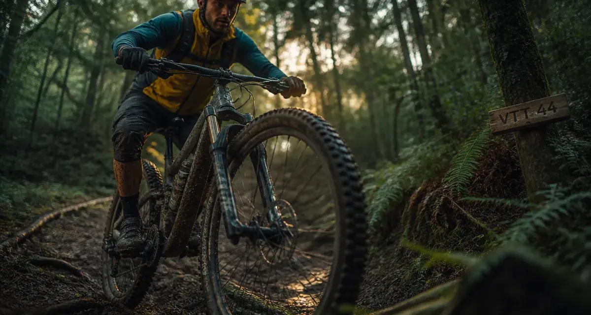 Randonnée vtt 44 : vététiste sur sentier forestier humide en Loire-Atlantique
