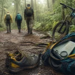 Chaussures trail, carte et boussole sur sentier sport & outdoor