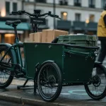 Velo cargo electrique professionnel biporteur en ville, colis devant