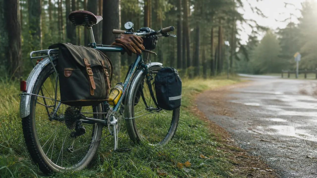 Velo trekking pour confort, charge et autonomie, sur chemin humide avec sacoches