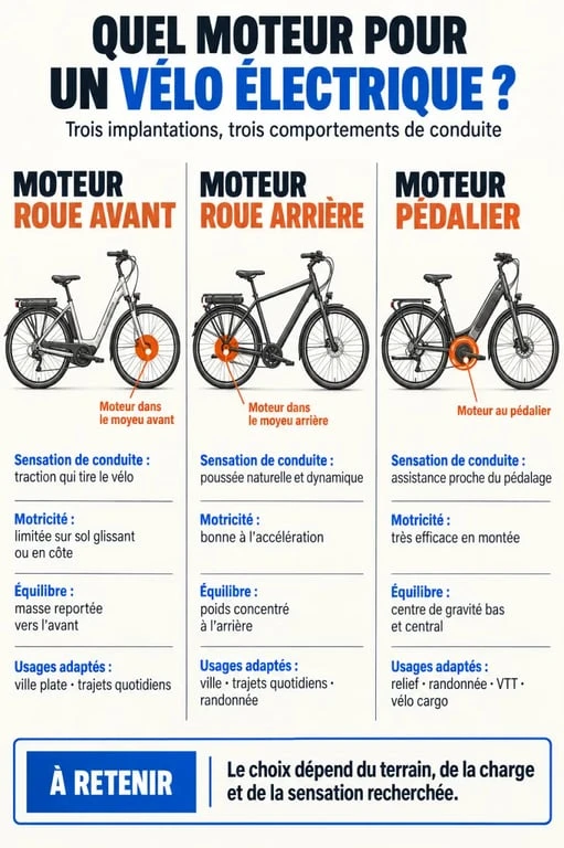 Comparaison des types de moteur d’un vélo électrique : roue avant, roue arrière et moteur pédalier