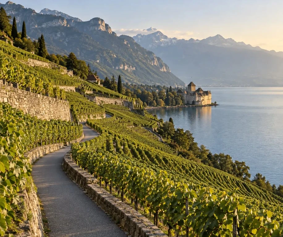 Tour velo lac leman entre les vignobles de Lavaux et le château de Chillon