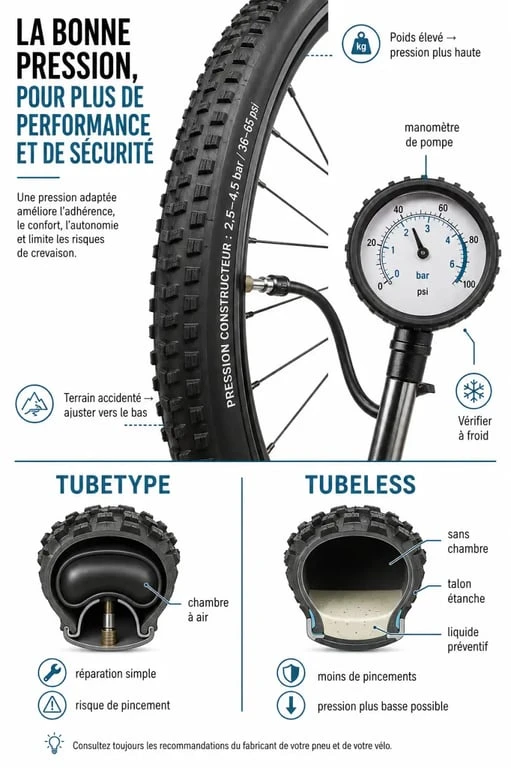 Lecture du flanc et réglage de la pression pneus vélo électrique sur un pneu de VAE