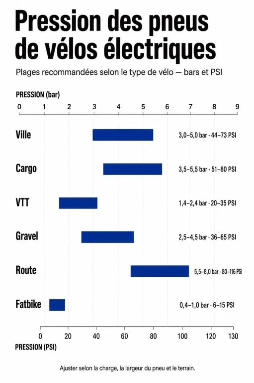 Pression pneus vélo électrique par type de vélo en bars et PSI
