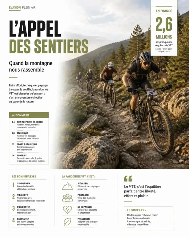 Groupe pratiquant une rando en VTT sur sentier technique en forêt