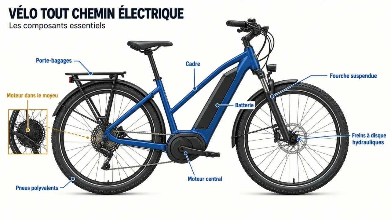 Schéma des composants d'un vélo tout chemin électrique