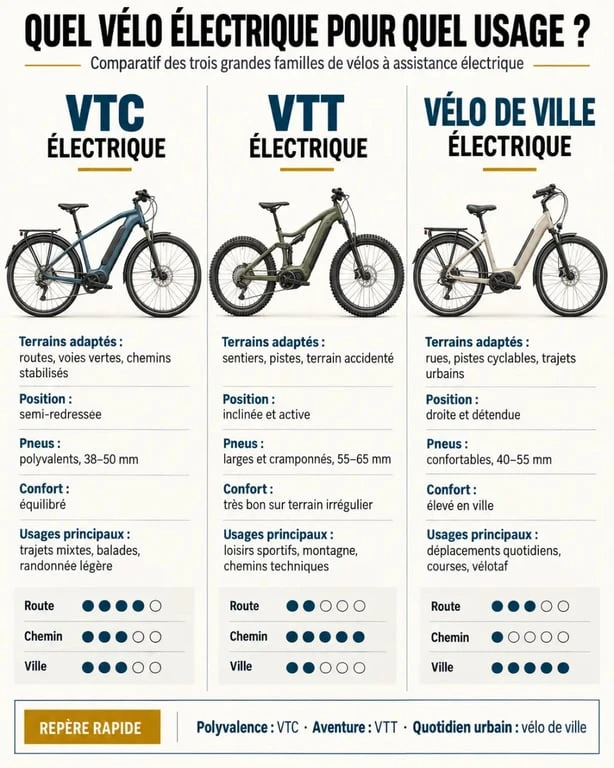 Comparaison entre vélo tout chemin électrique, VTT électrique et vélo de ville électrique