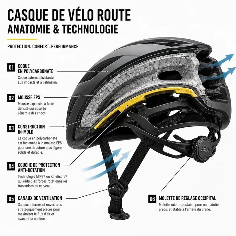 Structure du meilleur casque velo route avec MIPS, in-mold et ventilation