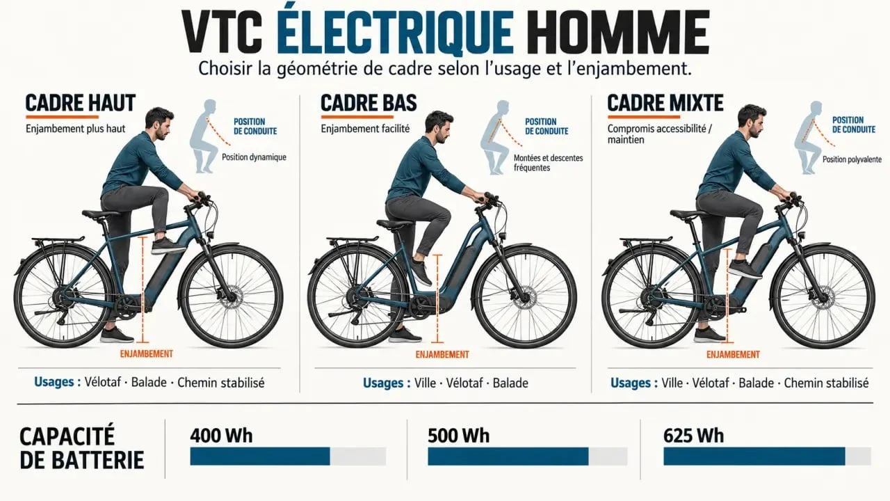 Infographie comparative des cadres et batteries d’un VTC électrique homme