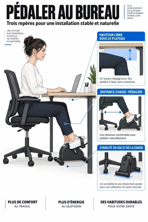Infographie sur la bonne installation pour pédaler au bureau