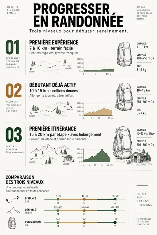 Infographie des niveaux de progression pour une randonnée pour debutant