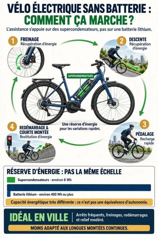 Infographie expliquant le fonctionnement d’un vélo électrique sans batterie avec supercondensateurs