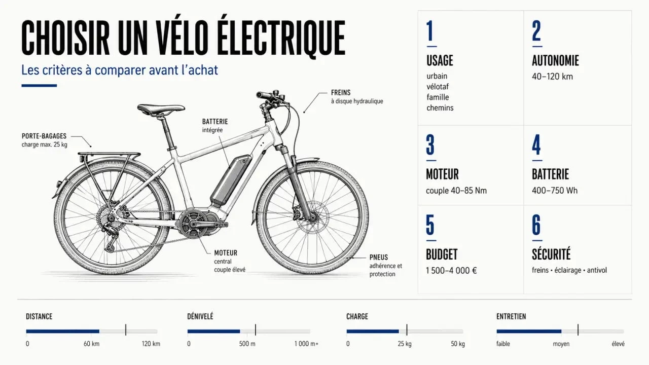 Que choisir velo electrique : infographie éditoriale des critères clés pour choisir un vélo électrique