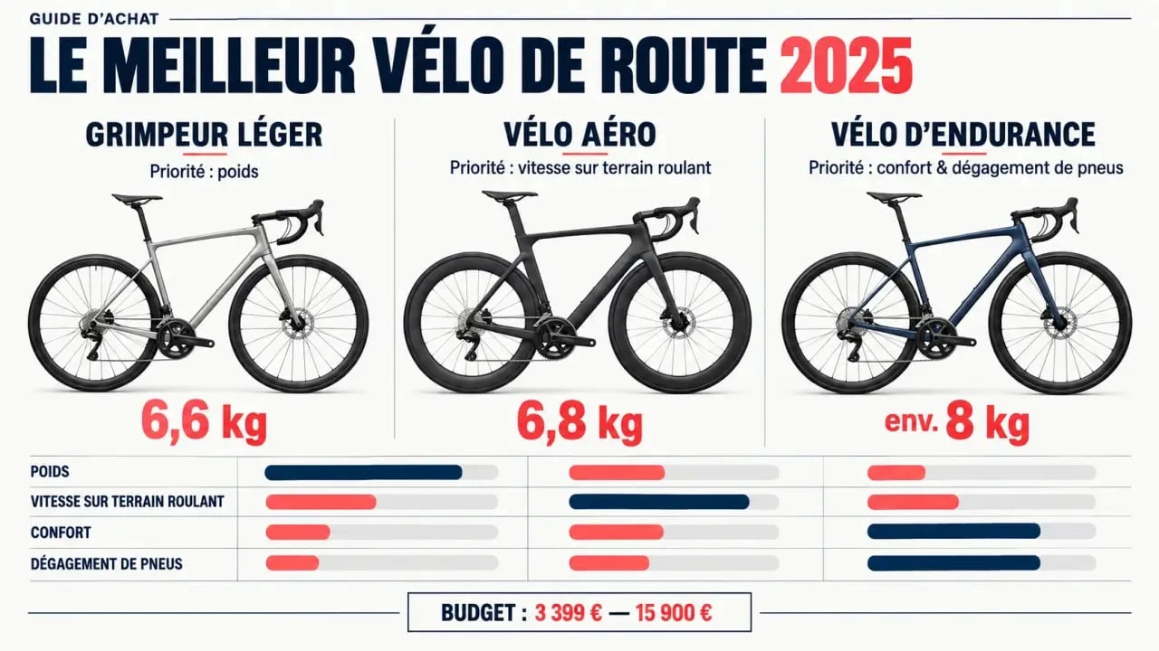 Infographie comparative du meilleur velo de route 2025 entre modèles grimpeur, aéro et endurance