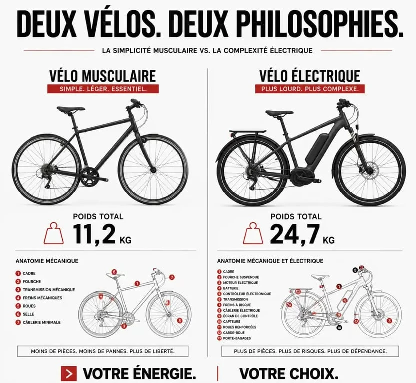 Comparaison visuelle entre un vélo musculaire et un vélo électrique pour illustrer les avantages du vélo musculaire