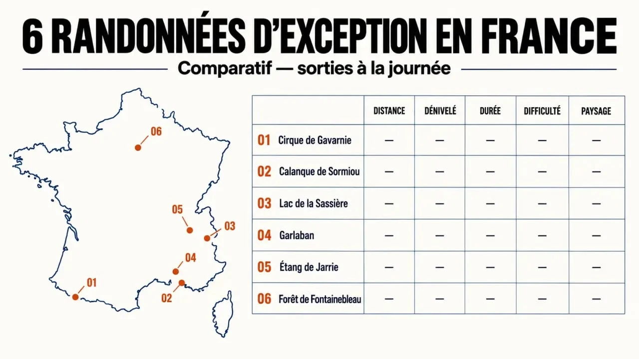 Infographie des plus belles randonnées en France à faire en 1 jour, comparées par distance, dénivelé et difficulté