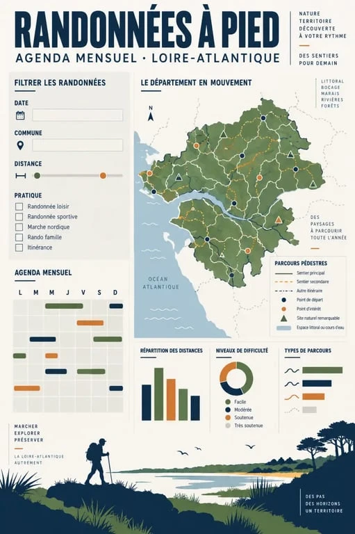 Calendrier de randonnée pédestre 44 avec filtres par date, commune et distance