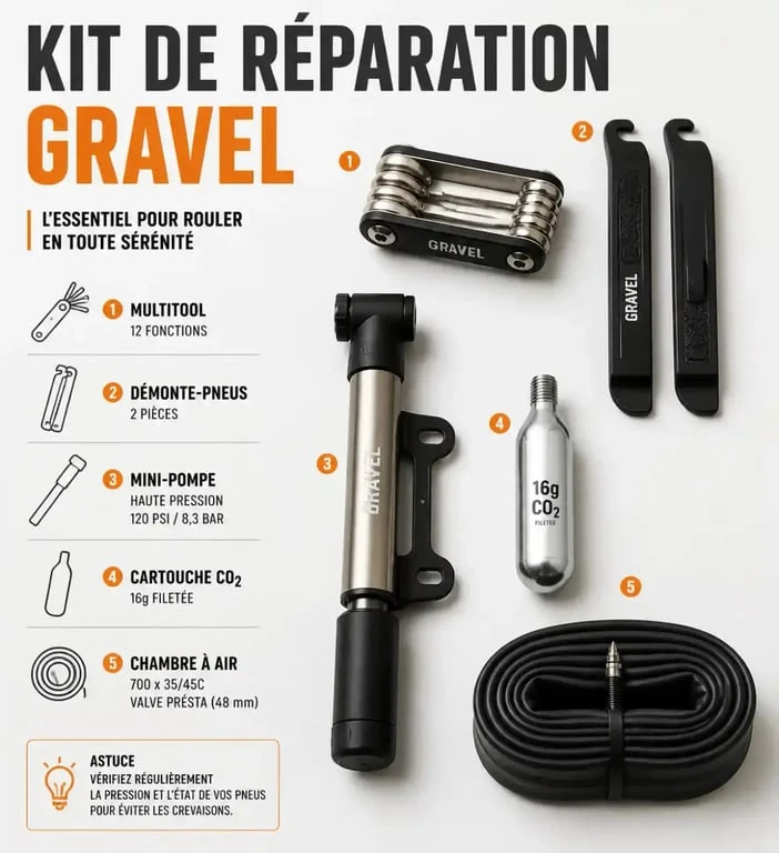 Kit de réparation indispensable pour accessoire gravel