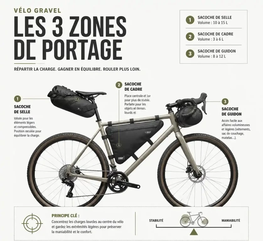 Répartition des sacoches sur un vélo gravel pour le bikepacking