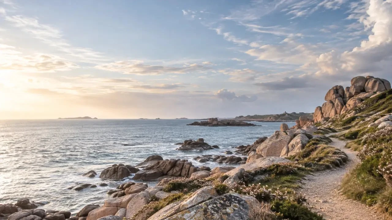 Itineraire en Bretagne sur un sentier côtier face aux rochers de granit rose