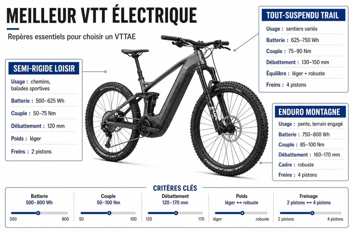 Meilleur VTT électrique : infographie comparative des critères clés et des profils d’usage