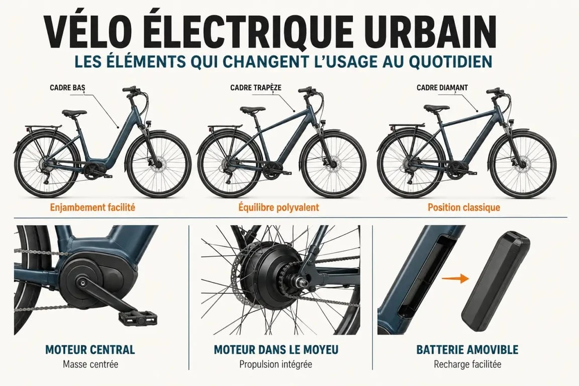 Schéma des cadres, moteurs et batteries des vélos électriques ville