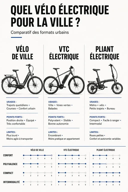 Infographie comparative des vélos électriques ville, VTC électriques et vélos pliants