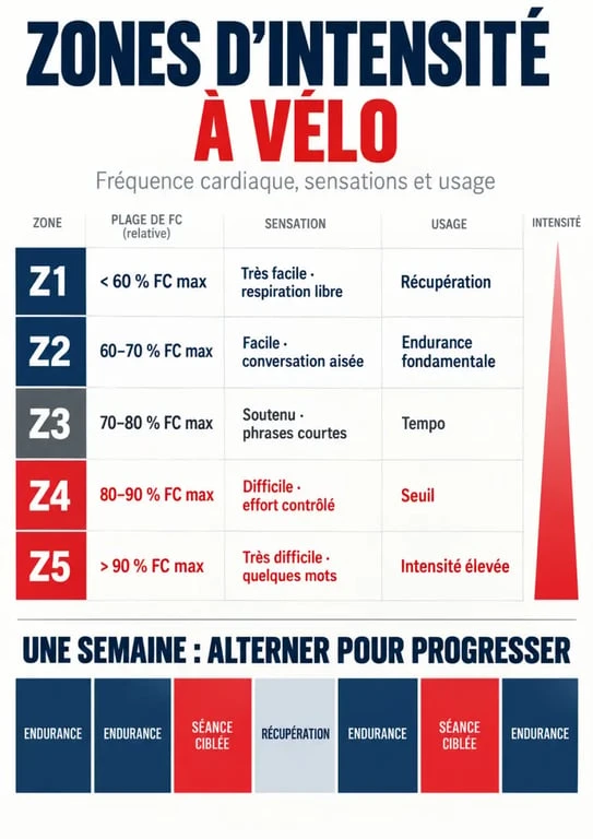 Infographie des zones d'intensité pour un entraînement vélo, de la récupération à la PMA