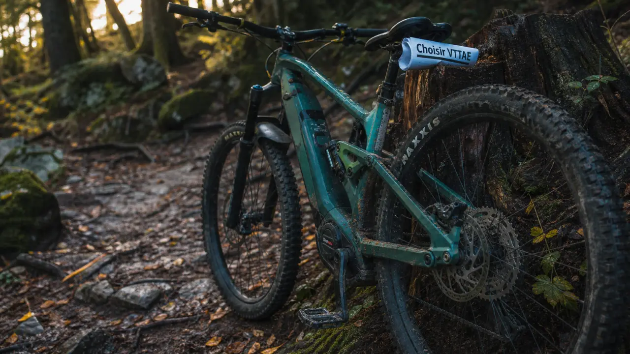 Meilleur vtt electrique : VTTAE tout-suspendu en sous-bois humide, boue et racines