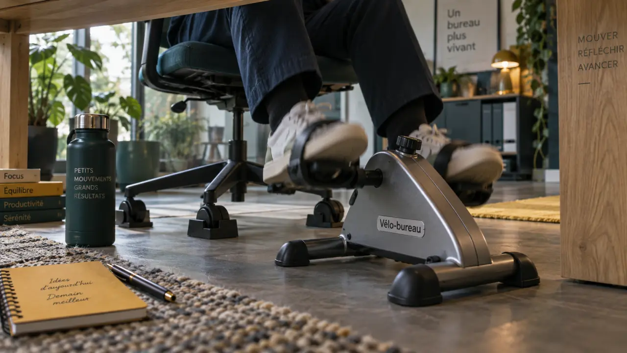 Pedaler au bureau : mini pédalier discret sous un bureau, plan rapproché