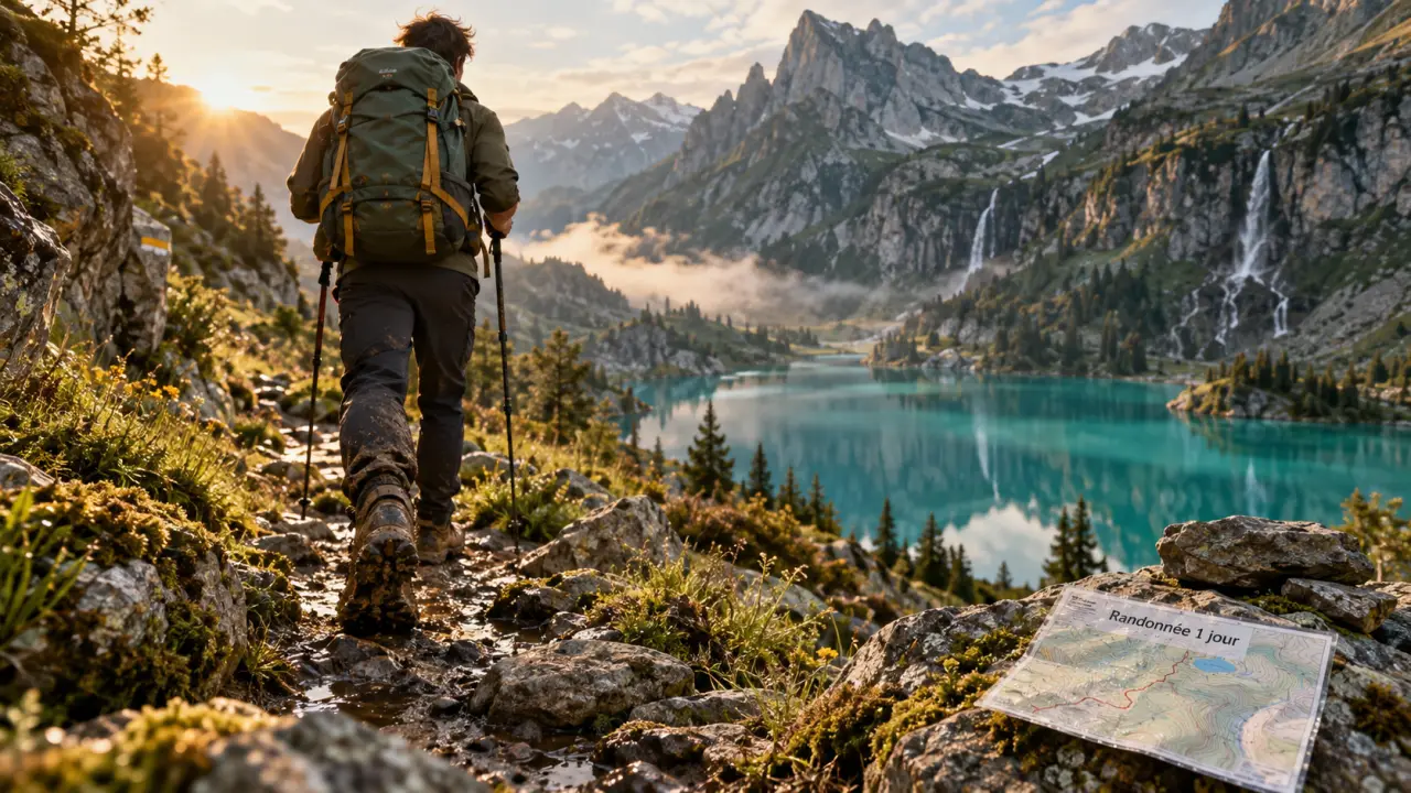 Plus belle randonnée france 1 jour : chaussures boueuses sur sentier vers lac d’altitude turquoise