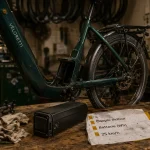 Que choisir vélo électrique : batterie amovible sur vélo en atelier