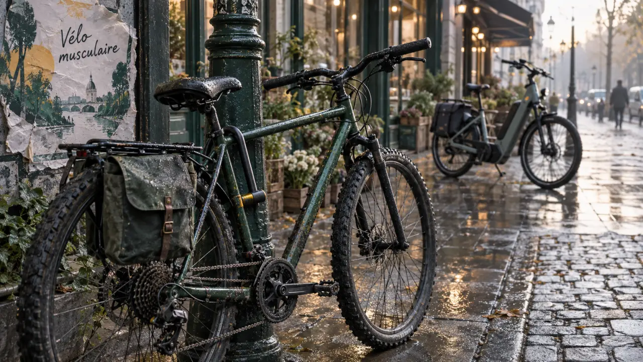 Velo musculaire 2025, vélo noir verrouillé à un lampadaire