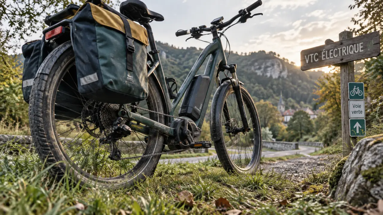 Velo tout chemin electrique VTC électrique, pneus semi-slick et batterie amovible