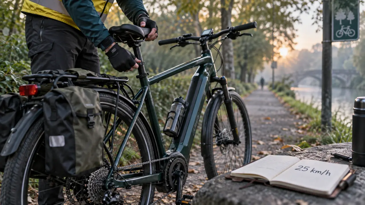 VTC électrique homme à cadre haut, près d’un trottoir vert, 25 km/h