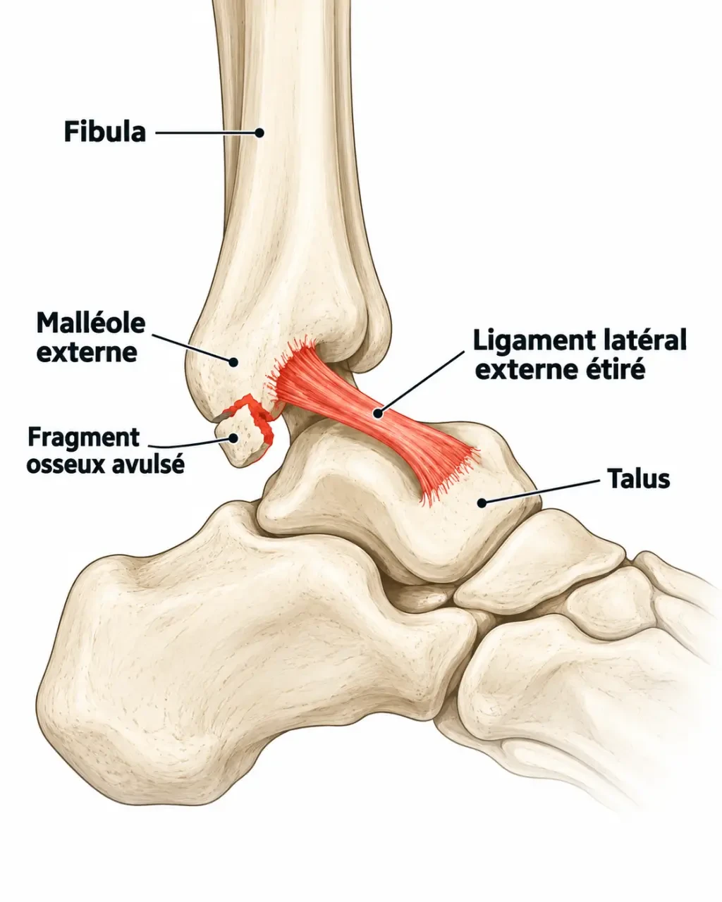 Schéma anatomique d’un petit arrachement osseux de la malléole externe avec la fibula et le ligament latéral externe