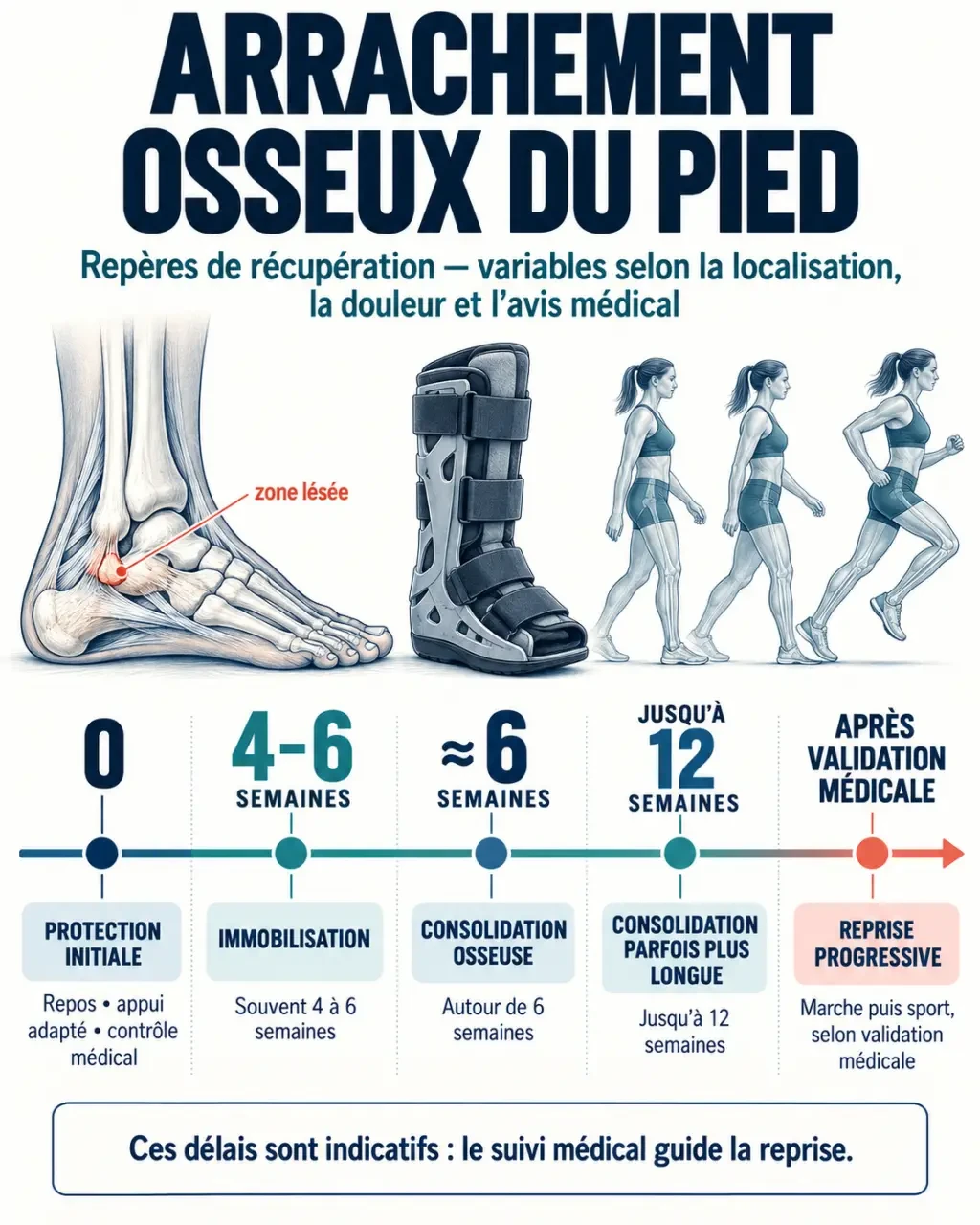 Infographie sur un arrachement osseux pied combien de temps : étapes de consolidation, immobilisation et reprise du sport
