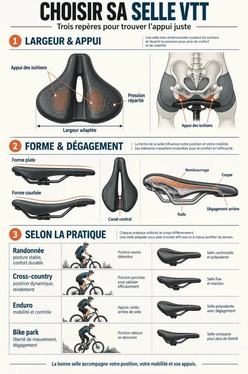 Infographie sur les critères de choix d’une selle VTT selon la morphologie et la pratique
