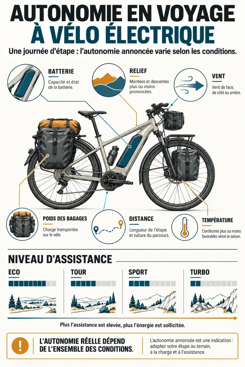 Infographie sur l’autonomie d’un voyage à vélo électrique selon le relief, le vent et les bagages