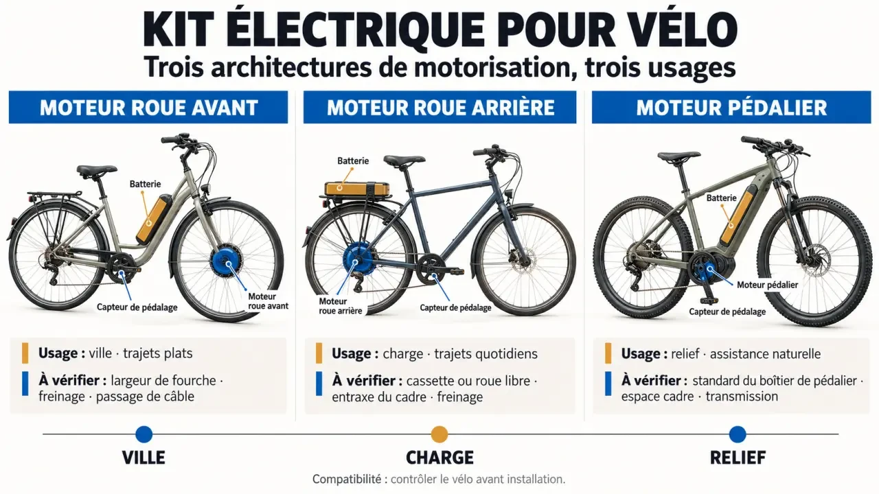 Infographie sur le kit électrique pour vélo et les différences entre moteur roue avant, moteur roue arrière et moteur pédalier