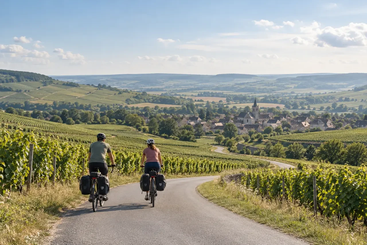 Cyclistes dans les vignobles lors d’un voyage à vélo en Champagne