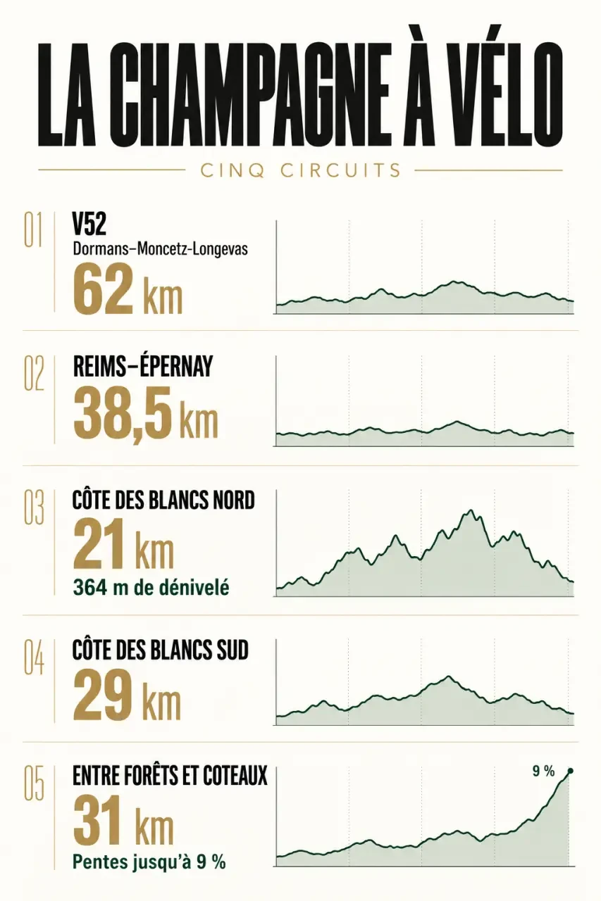 Infographie des distances et du relief pour un voyage à vélo en Champagne