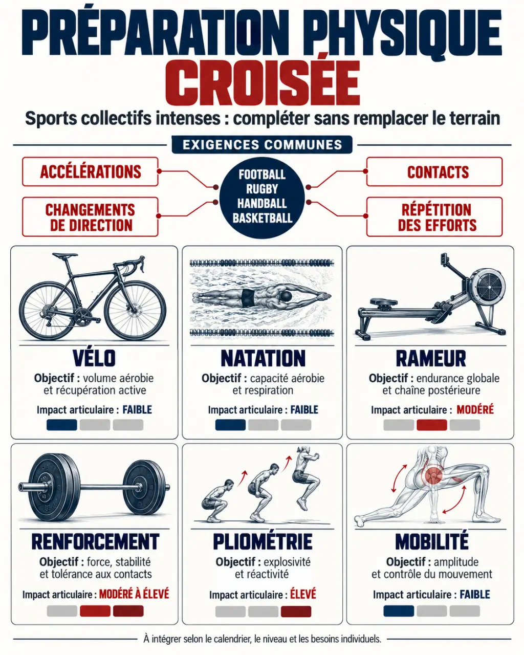 Infographie sur la préparation physique croisée pour les sports collectifs intenses
