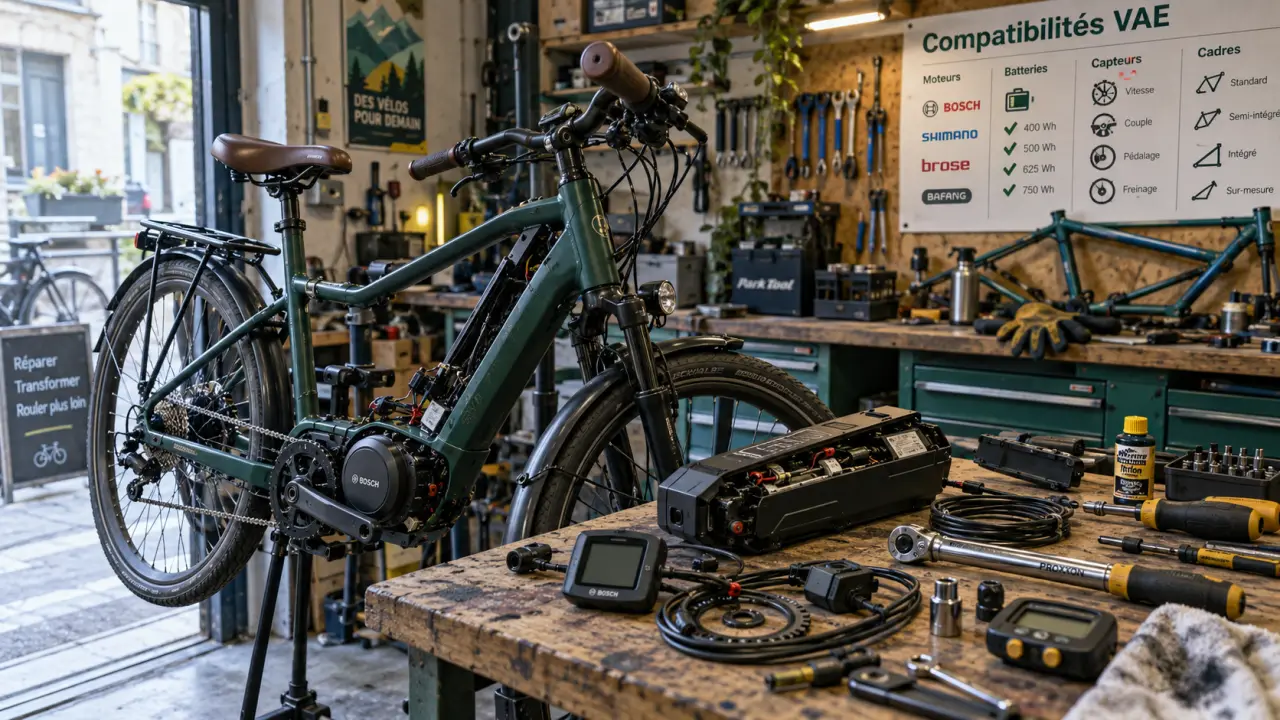 Kit électrique pour vélo : moteur et batterie compatibles, installation sur établi