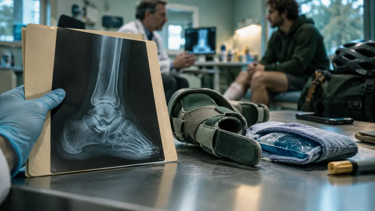 Radiographie et attelle pour petit arrachement osseux malléole externe, cheville protégée